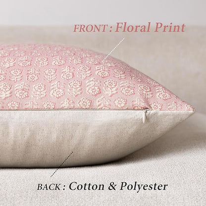 Foindtower Set of 2 Decorative Neutral Floral Print Throw Pillow Covers Vintage Accent Farmhouse Cushion Covers Boho Home Decor for Sofa Chair Couch Bedroom Living Room Outdoor,18×18 Inch,Light Pink