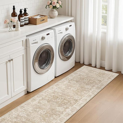 Madane Runner Rug 2x8 for Hallway, Kitchen Non-Slip Runner Rug with Rubber Backing, Vintage Soft Low Pile Throw Neutral Carpet Runner for Laundry Room Entryway Bathroom Bedroom (2 x 8, Beige/Brown)