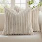 decorUhome Summer Cozy Faux Fur Throw Pillow Covers 18x18 Set of 2 Decorative Soft Plush Striped Modern Farmhouse Boho Couch Pillow Cases with Velvet Back for Sofa Bed Living Room, Beige White