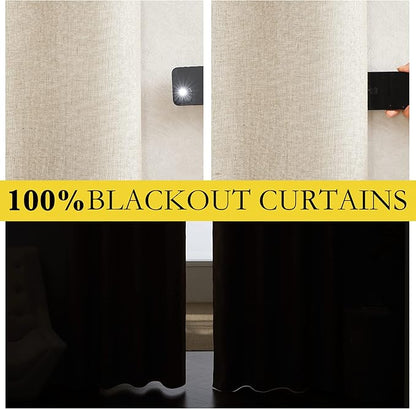 NICETOWN Linen Blackout Curtains for Kitchen, Beige, 2 Panels, 34" Wide x 60" Long, Short Kitchen Burlap Linen 100% Blackout Drape Panels for Night Shift, Great Job for Blocking Light