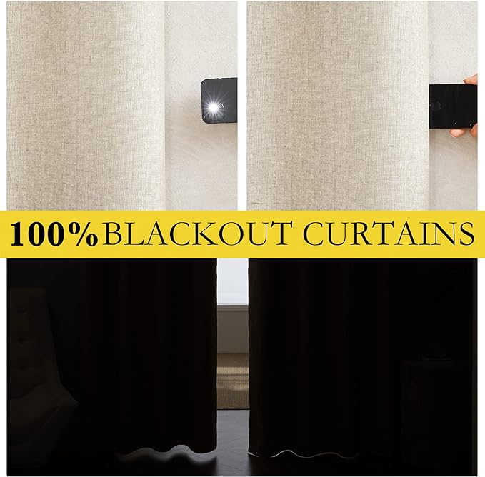 NICETOWN 100% Absolutely Blackout Linen Curtains with Thermal Insulated White Liner, 52" Wide, 2 Panels, 72 inches Long Drapes, Grommet Retro Beige Linen Curtains Vertical Drapes Privacy for Bedroom