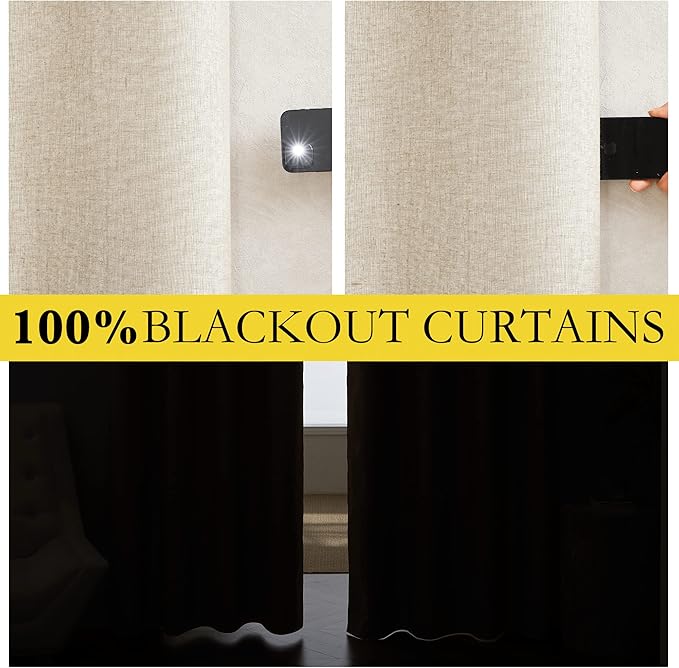 NICETOWN 100% Absolutely Blackout Linen Curtains with Thermal Insulated White Liner, Beige, W62, 2 Pieces, Noise Reducing Textured Linen Look Curtains for Windows 90 inch Length for Classroom