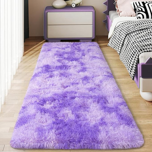 Soft Runner Rugs for Bedroom Hallways, 2x6 Tie-Dyed Purple Fluffy Shag Throw Area Rug Non Slip for Bedside Dorm, Long Shaggy Furry Carpet for Nursery Living Room