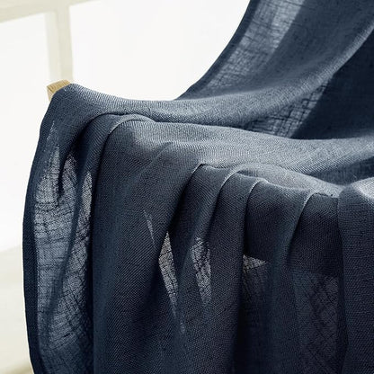 MIULEE Navy Blue Short Linen Curtains 45 Inch Length 2 Panels for Boys Bedroom Bathroom, Soft Thick Linen Textured Natural Kitchen Window Drapes Semi Sheer Light Filtering Back Tab Burlap Look Decor
