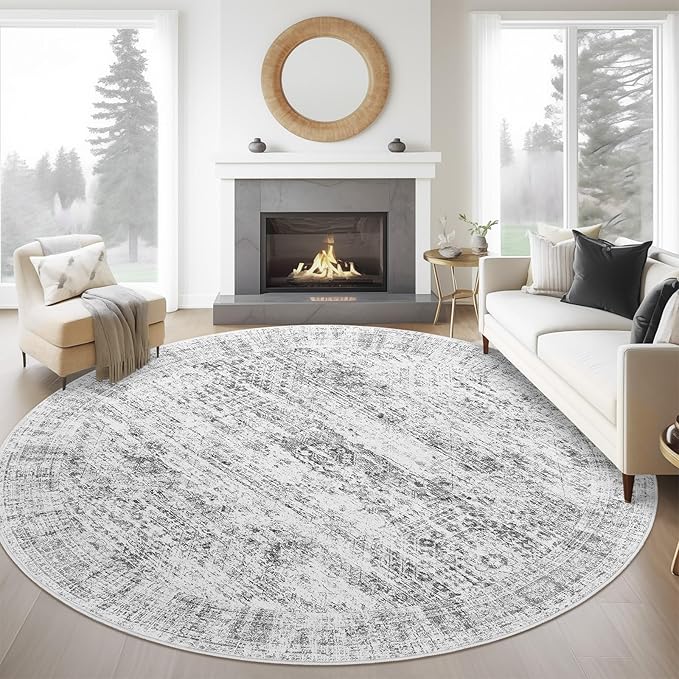 6x6 Grey Round Rug 6ft Living Room Circle Rug Gray Vintage Round Area Rug Non Slip Indoor Carpet for Dining Room Bedroom