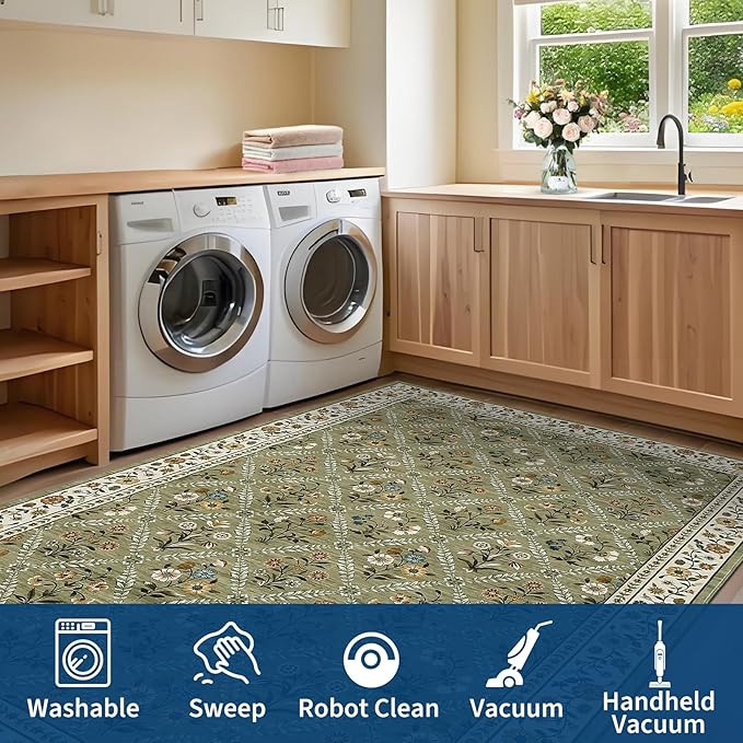 Washable Kitchen Runner 2x6 Non-Slip Floral Carpet Runner for Entryway Indoor Ultra Soft Stain Resistant Long Rugs Farmhouse Floor Mat for Hallways Laundry Bedroom Green