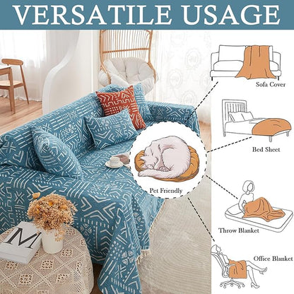 HANDONTIME Turquoise Couch Protector for Dogs Boho Tassel Blue Couch Cover Farmhouse Sofa Covers Aztec Tribal Couch Covers for 3 Cushion Couch Sofa Universal Sofa Slipcover for Home décor, 71" X118"