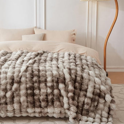 COOVA Faux Fur Throw Blanket for Couch, Cozy Soft and Fuzzy Plush Rabbit Fur Bubble Blanket for Sofa Bedroom Living Room, 60x80 Inches Tie Dye Brown