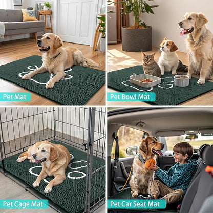 Smiry Dog Door Mat for Muddy Paws, Absorbent Dirt Trapper Non Slip Quick Dry Washable Chenille Mat for Mud Dogs, Entry Rug for Indoor and Outdoor (59x35 Inches, Green and White)