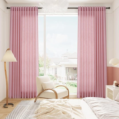 Nanspring Rose Linen Curtains 90 Inch Long 2 Panels Set Back Tab Rod Pocket Semi Sheer Light Filtering Boho Style Neutral Farmhouse Lightweight for Bedroom and Living Room 52x90
