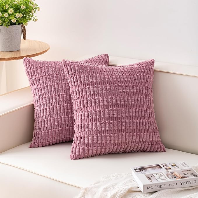 Pack of 2 Corduroy Decorative Throw Pillow Covers 16x16 Inch Soft Striped Pillow Covers Modern Farmhouse Home Decor for Sofa Living Room Couch Bed（Pink）