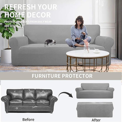 Easy-Going Stretch Oversized Chair Sofa Slipcover 1-Piece Couch Sofa Cover Furniture Protector Soft with Elastic Bottom for Kids Spandex Jacquard Fabric Small Checks Light Gray