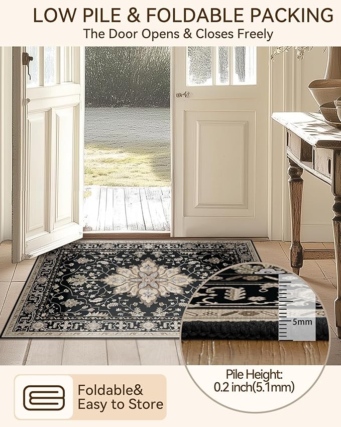 RELEANY Area Rugs 2'x6' Runner Rug Non Slip Washable for Kitchen Hallway Bedroom Beside Laundry Room Bathroom Rug, Floor Carpet, Black Brown Neutral Dark Tan