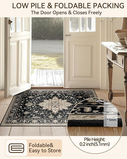 RELEANY Area Rugs 2'x6' Runner Rug Non Slip Washable for Kitchen Hallway Bedroom Beside Laundry Room Bathroom Rug, Floor Carpet, Black Brown Neutral Dark Tan