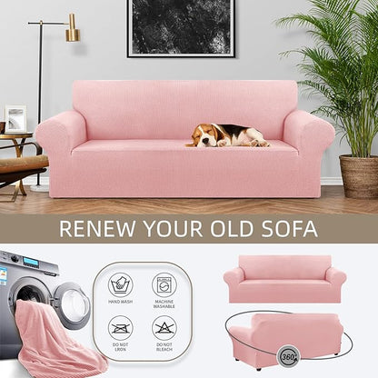 KEKUOU Stretch Sofa Cover Slipcover ，Couch Covers for 3 Cushion Couch Sofa pet Friendly (78"-94") Furniture Protector Sofa with Elastic Bottom for Kids,Dog, Jacquard Small Checked(Large,Dusty Pink)