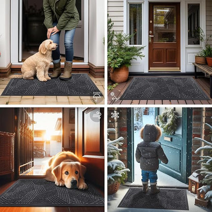 Smiry Front Door Mat Outside Entrance, Heavy Duty Sturdy Natural Rubber Doormat, Trap Dirt and Moisture, Easy Clean Low Profile Mats for Indoor Outdoor Entry, Interwoven Stripes 29.5x17, Grey