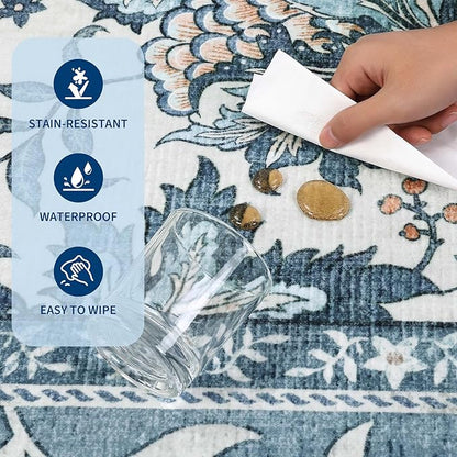GarveeHome Provence Misty Blue 6x9 Area Rugs, Botanical Grove Vintage Cottagecore Non-Slip Washable Rug for Bedroom Living Room Nursery Kitchen Low-Pile Carpet