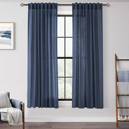 Navy Blue Curtains 63 inch Length for Bedroom Back Tab Light Filtering Semi Sheer Blue Living Room Curtains Linen Cotton Textured Indigo Blue Drapery Panel Modern Farmhouse Aesthetic Decor Dark Blue