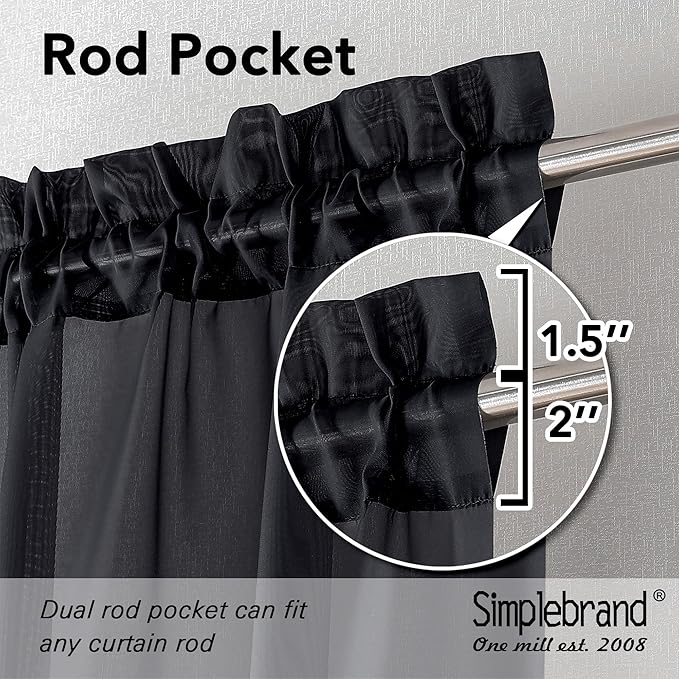 Simplebrand Black Tier Curtains for Kitchen 24 Inches Long 2 Panels Set, Rod Pocket Cafe Curtain Light Filtering Sheer Short Curtains for Bathroom/Basement Half Window 42 x 24 Inch, 2Pcs, Black