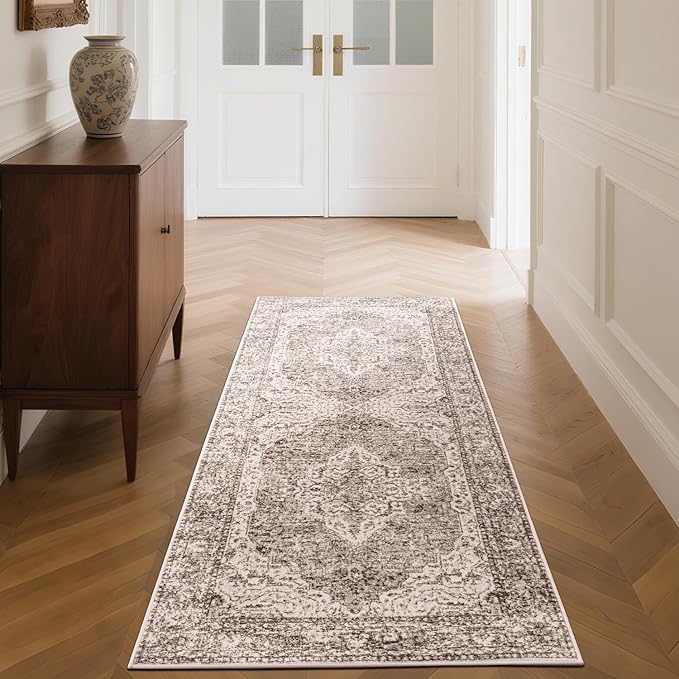 Lofus 2x6 Runner Rug for Hallways, Washable Kitchen Rugs, Non-Slip Rugs for Entryway and Bedroom, Vintage Boho Carpet, Soft Low Pile Long Runner Area Rug, Vintage Beige Brown