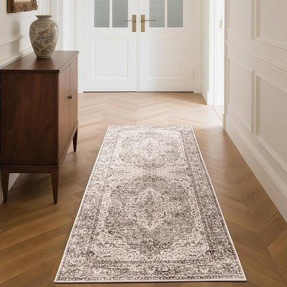 Lofus 2x6 Runner Rug for Hallways, Washable Kitchen Rugs, Non-Slip Rugs for Entryway and Bedroom, Vintage Boho Carpet, Soft Low Pile Long Runner Area Rug, Vintage Beige Brown