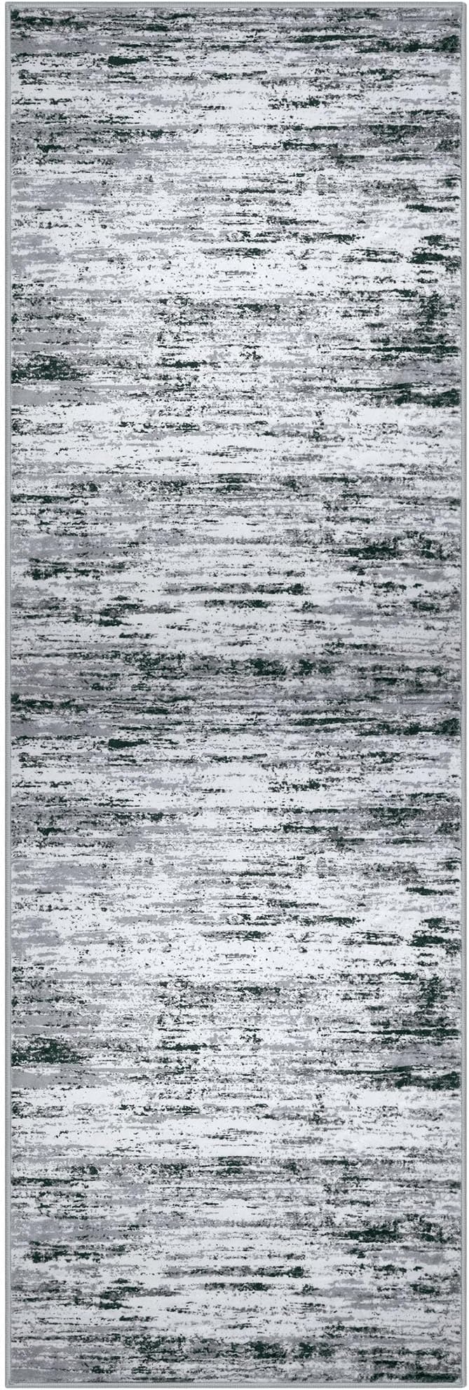 Lansny Modern Abstract Runner Rug 2.6x8, Black Grey White Washable Kitchen Runner Non-Slip Soft Hallway Rug Runner Thin Print Faux Wool Carpet for Entryway Bedroom Laundry Room Indoor Home Decor