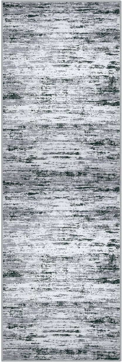 Lansny Modern Abstract Runner Rug 2.6x8, Black Grey White Washable Kitchen Runner Non-Slip Soft Hallway Rug Runner Thin Print Faux Wool Carpet for Entryway Bedroom Laundry Room Indoor Home Decor
