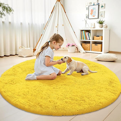 OLANLY Yellow Round Rugs for Bedroom - Machine Washable, 8 ft Circle Area Rugs for Living Room, Soft and Fluffy Shaggy Carpet for Teen Girl and Boys, Nursery Rooms, Dorms, Home Decor Aesthetic