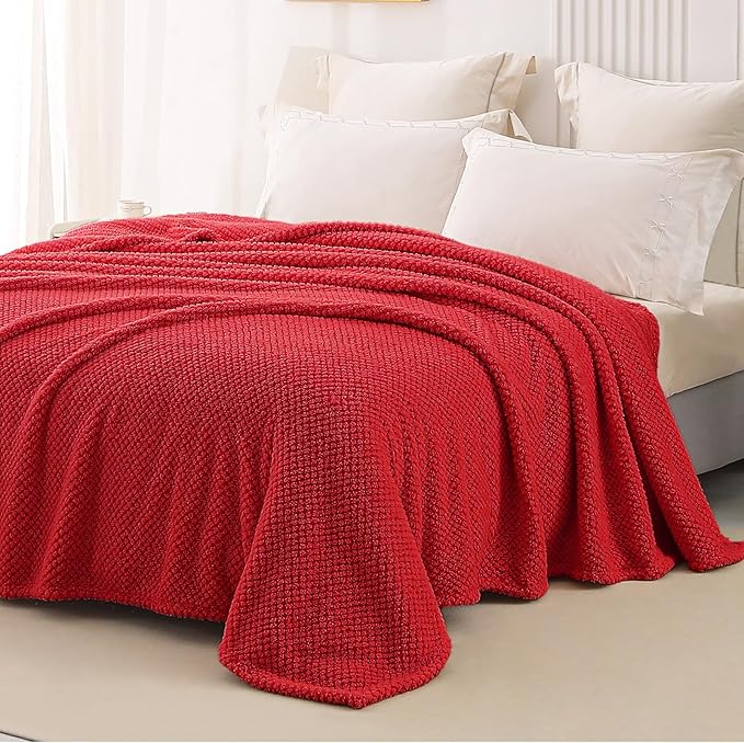 Whale Flotilla King Size Fuzzy Fleece Blanket for Bed, 90x104 Inch Fluffy Warm Soft Jacquard Blankets for All Season, Lightweight and Cozy, Red