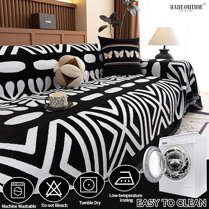 HANDONTIME Boho Couch Cover Blanket Geometric Striped Pet Covers for Couches and Sofas Black and White Dog Cover for Couch Pet Friendly Chenille Sectional Sofa Covers for Pets Washable, 71" X 134"