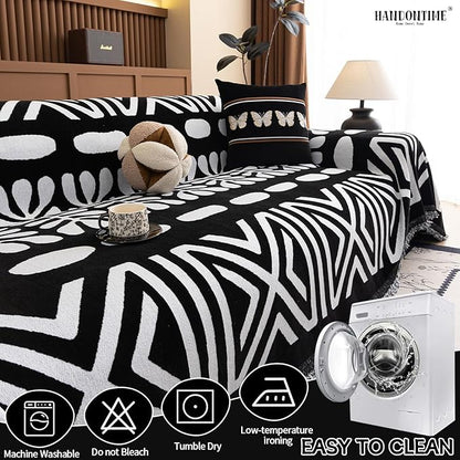 HANDONTIME Boho Couch Cover Blanket Geometric Striped Pet Covers for Couches and Sofas Black and White Dog Cover for Couch Pet Friendly Chenille Sectional Sofa Covers for Pets Washable, 71" X 150"