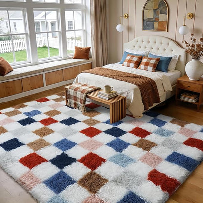 Shag Area Rug for Bedroom Living Room,4x6 Fluffy Soft Colorful Checkered Rug Fuzzy Shaggy Bedroom Carpet,Indoor Plush Floor Rugs for Kids Boys Girls Teen Dorm Nursery Home Decor