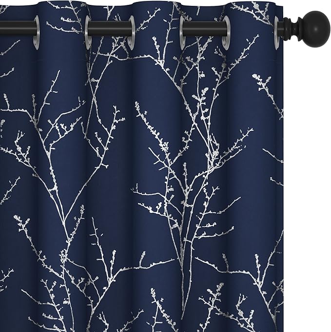 Deconovo Blackout Curtains, Navy Blue Curtain, Thermal Insulated Soundproof Drapes, Branch Silver Print, 52 x 108 Inch Long, Machine Washable Grommet Panels for Sliding Door Bedroom Home, Set of 2