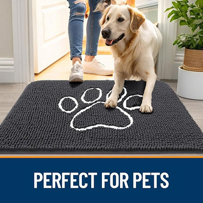 OLANLY Dog Door Mat for Muddy Paws 45x27, Paw Print Design, Absorbs Moisture and Dirt, Absorbent Non-Slip Washable Doormat, Quick Dry Chenille Mud Mat for Dogs, Entry Indoor Entryway Carpet, Dark Grey