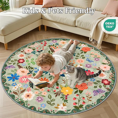 Round Area Rug for Living Room: 6 ft Floral Washable Circle Rug Soft Boho Non-Slip Carpet Indoor Stain Resistant Low Pile Small Circular Rug for Bedroom Entryway Kitchen Nursery Home Office Green