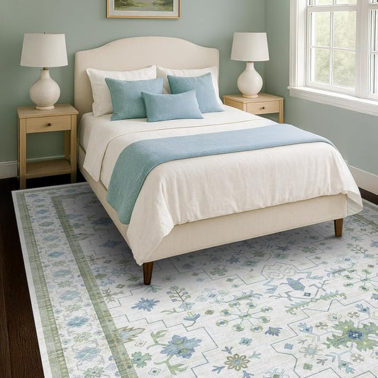 Hazo Haus Cream Oushak 7x9 Bedroom Rug - Boho Floral Cool Blue and Green, Washable Low Pile Non-Slip Ultra-Thin Large Area Rugs for Playroom, Bed Room, Living Room
