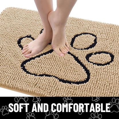 Smiry Dog Door Mat for Muddy Paws, Absorbent Dirt Trapper Non Slip Quick Dry Washable Chenille Mat for Mud Dogs, Entry Rug for Indoor and Outdoor (30x20 Inches, Beige and Black)