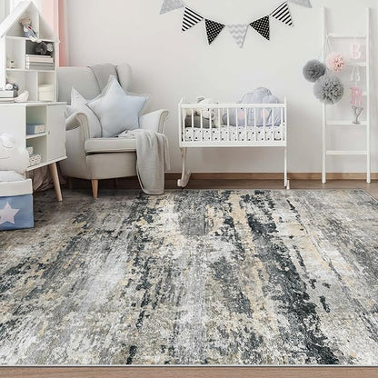 Area Rugs 5x7 for Living Room: Washable Rug Modern Abstract Neutral Soft Non-Slip Low-Pile Indoor Carpet for Bedroom Dining Room Playroom Home Office (Black Grey Brown, 5'x7')