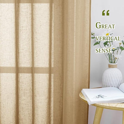 NICETOWN Sheer Linen Curtains for Sliding Glass Door, Grommet Semi Sheer Linen Blend Window Drapes Privacy with Light Filtering for Bedroom/Living Room, Camel, W70 x L84, 2 Panels