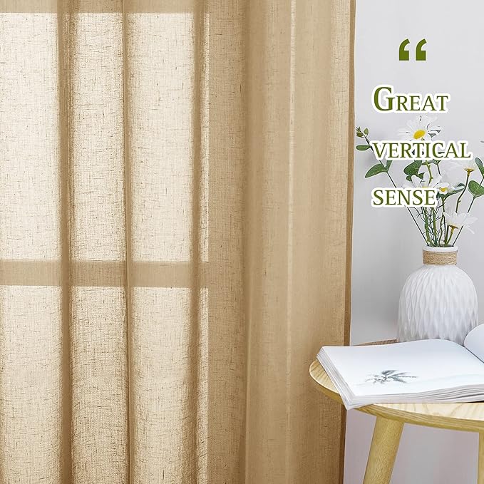 NICETOWN Linen Textured Semi Sheer Bedroom Curtains, Grommet Top Casual Thick Semitransparent Flax Sheer Window Treatment Privacy for Living Room, Camel, W52 x L72, Sold by 2 Panels