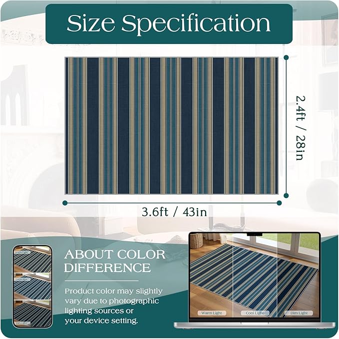Striped Outdoor Rug - 28" x 43" Front Door Mat Indoor Outside Entrance Non-Slip Washable Outdoor Mat Navy Blue Coastal Rug for Entryway Kitchen Bedroom Welcome Layered Doormat for Front Porch