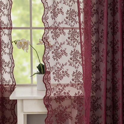 YJ YANJUN Vintage Lace Curtains 108 Inches Long-Victorian Floral Pattern Burgundy Red Sheer Curtain Panels for Living Room Bedroom Farmhouse Wine Winter Voile Window Drapes 52" W x 108" L 2 Panels