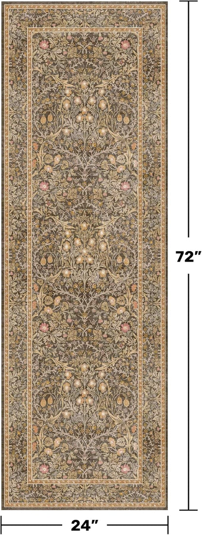 Washable Runner Rug Non Slip 2x6, Gold Brown Runner Rug for Kitchen, Bathroom, Entryway, Hallway, Laundry Room, Bedroom Bedside, Vintage Floral Stain Resistant Soft Low Pile Carpet