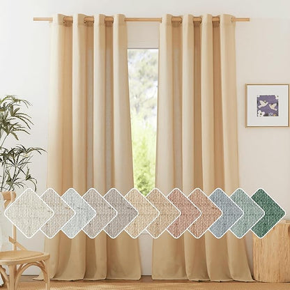 NICETOWN Linen Burlap Curtains for Farmhouse 120 inch Length, Grommet Privacy Added with Light Filtering Linen Weave Window Treatments for Bedroom/Living Room, W55 x L120, Set of 2