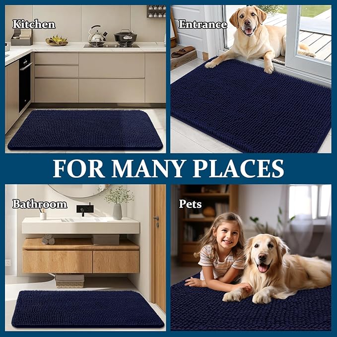 OLANLY Dog Door Mat for Muddy Paws 47x20, Absorbs Moisture and Dirt, Absorbent Non-Slip Washable Doormat, Quick Dry Chenille Mud Mat for Dogs, Entry Indoor Entryway Carpet for Inside Floor, Navy Blue