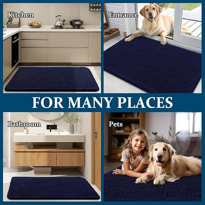 OLANLY Dog Door Mat for Muddy Paws 47x20, Absorbs Moisture and Dirt, Absorbent Non-Slip Washable Doormat, Quick Dry Chenille Mud Mat for Dogs, Entry Indoor Entryway Carpet for Inside Floor, Navy Blue