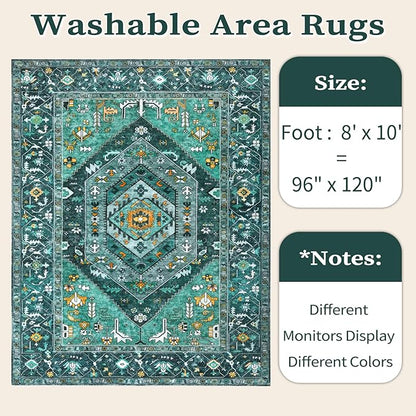 SERISSA Washable 8x10 Area Rugs Teal, Large Non-Slip Boho Living Room Rug, Ultra Soft Print Distressed Vintage Oriental Tribal Farmhouse Carpet for Dining Room Bedroom Dorm Office Home Decor