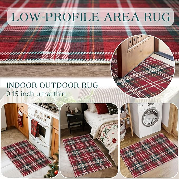 Christmas Front Door Mat Indoor Entrance - 2x3 Ft Non-Slip Doormat Outdoor Rug Small Red Holiday Tartan Plaid Entry Rug for Layered Door Mats Front Porch Entryway Kitchen New Year Decor