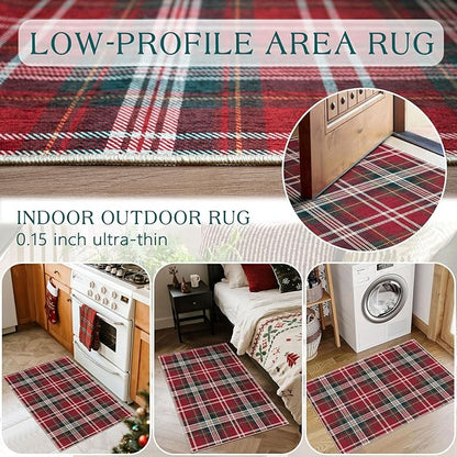 Christmas Front Door Mat Indoor Entrance - 2x3 Ft Non-Slip Doormat Outdoor Rug Small Red Holiday Tartan Plaid Entry Rug for Layered Door Mats Front Porch Entryway Kitchen New Year Decor