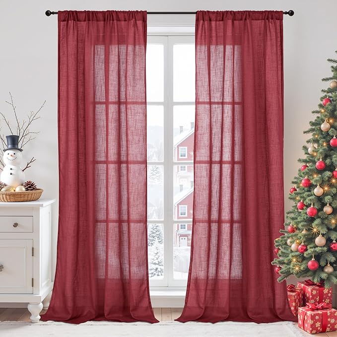 BGment Burgundy Linen Curtains 84 Inch Length for Living Room, Light Filtering Window Drapes Semi Sheer Textured with Rod Pocket for Dining Bedroom Lightweight, Set of 2, Each 42 Inch Wide